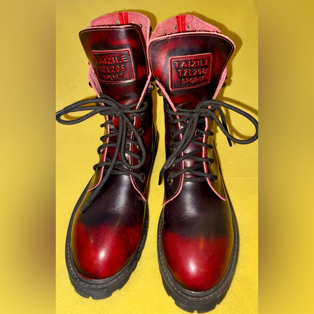 Red Leather Combat Boots - Women's Lace-Up Ankle Boot - Picture 2 of 9